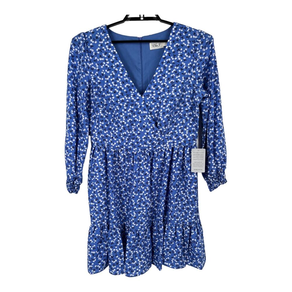 Eliza J Dress Floral Surplice neck long sleeve fit flare blue size 14 - Picture 2 of 11